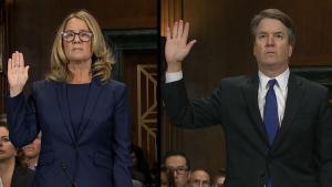 Blasey Ford and Kavanaugh swearing in at Senate hearing